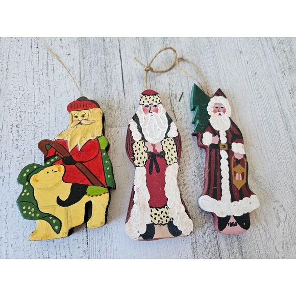 Vintage wooden Santa polar bear ornament Xmas tree set - Picture 1 of 12